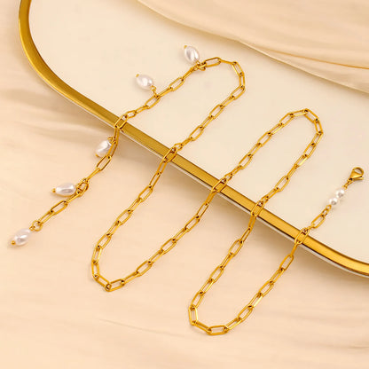 Imitation Pearl Necklace Gold 1*4*10 batch length Cross chain 70cm Imitation pearls 7*10 threaded beads + 6mm round beads