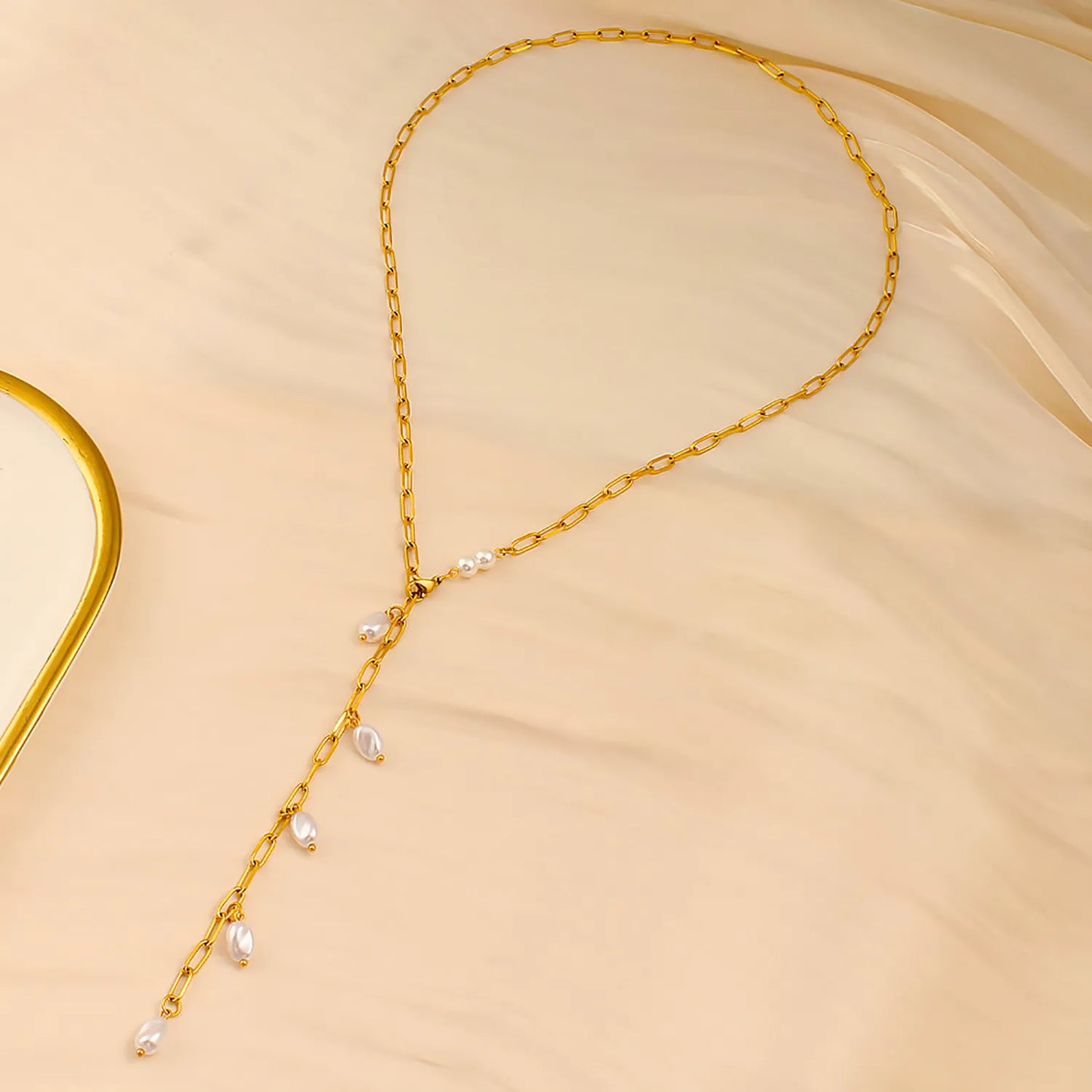 Imitation Pearl Necklace Gold 1*4*10 batch length Cross chain 70cm Imitation pearls 7*10 threaded beads + 6mm round beads