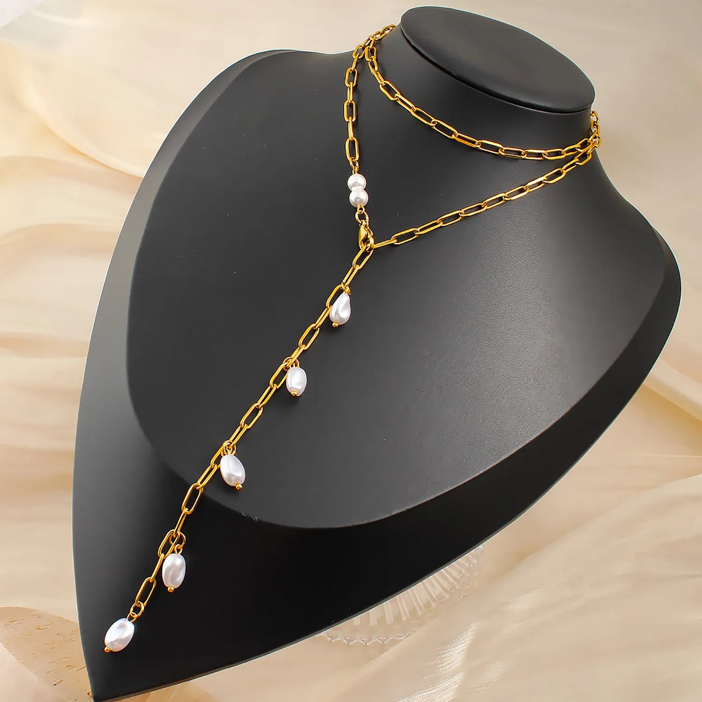 Imitation Pearl Necklace Gold 1*4*10 batch length Cross chain 70cm Imitation pearls 7*10 threaded beads + 6mm round beads