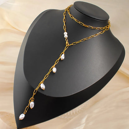 Imitation Pearl Necklace Gold 1*4*10 batch length Cross chain 70cm Imitation pearls 7*10 threaded beads + 6mm round beads