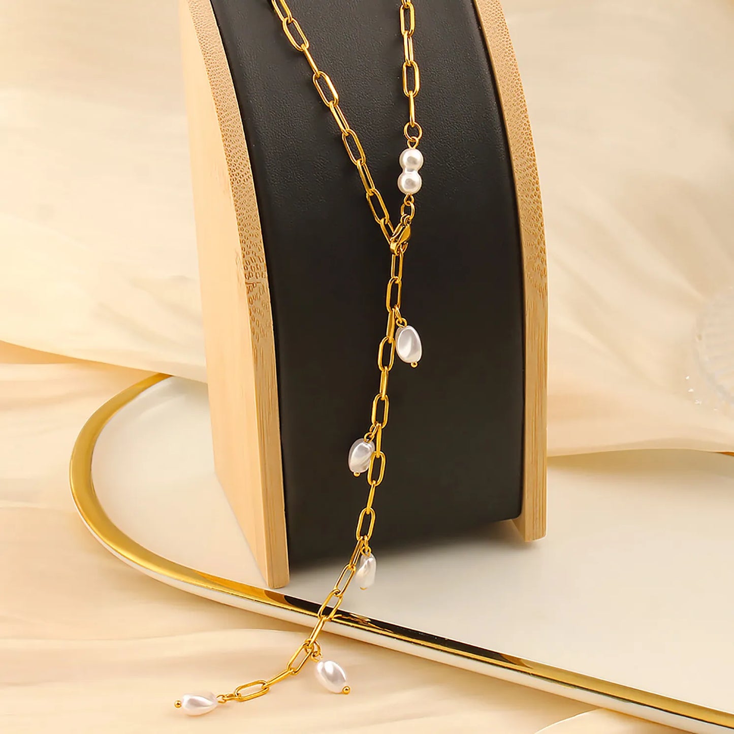 Imitation Pearl Necklace Gold 1*4*10 batch length Cross chain 70cm Imitation pearls 7*10 threaded beads + 6mm round beads