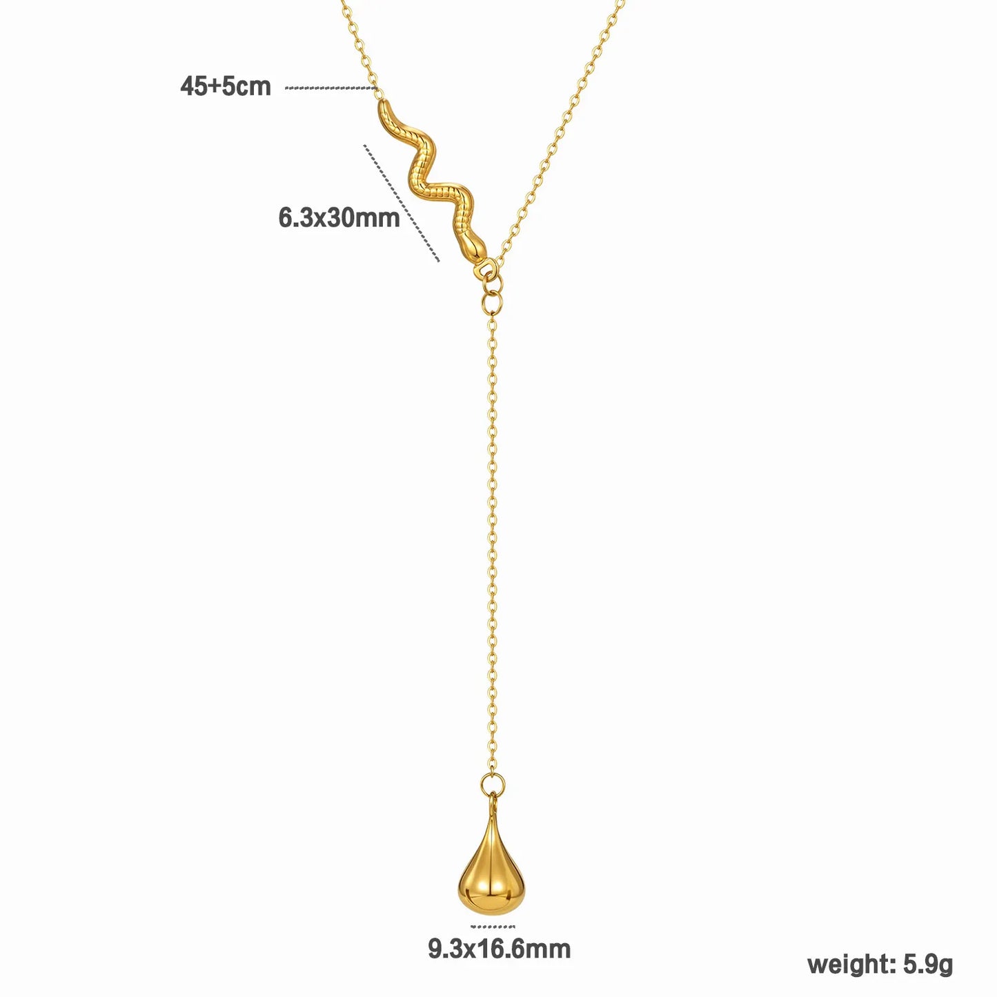 Waterdrop Necklace Gold 05 Cross Chain 40+5cm + 4.5*8.6mm Oval Tag Snake 2.6*29mm Pendant Waterdrop 9.35*16.6mm Chain Length 6.5cm