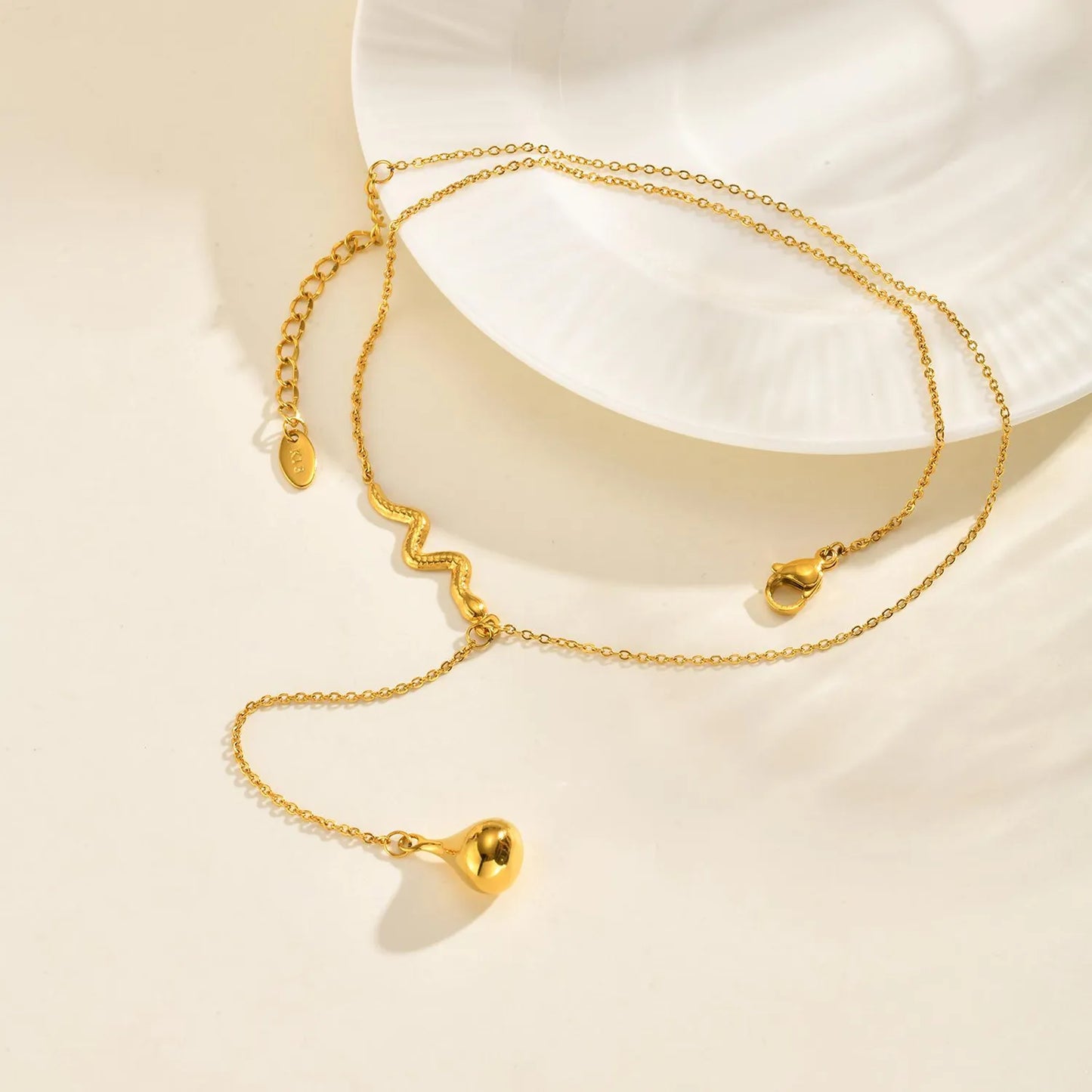 Waterdrop Necklace Gold 05 Cross Chain 40+5cm + 4.5*8.6mm Oval Tag Snake 2.6*29mm Pendant Waterdrop 9.35*16.6mm Chain Length 6.5cm