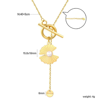 15.8*16mm irregular lotus petal-shaped pearl, 2mm cross chain, 40+5cm+6mm round tail label OT clasp necklace, gold color asonjewelry
