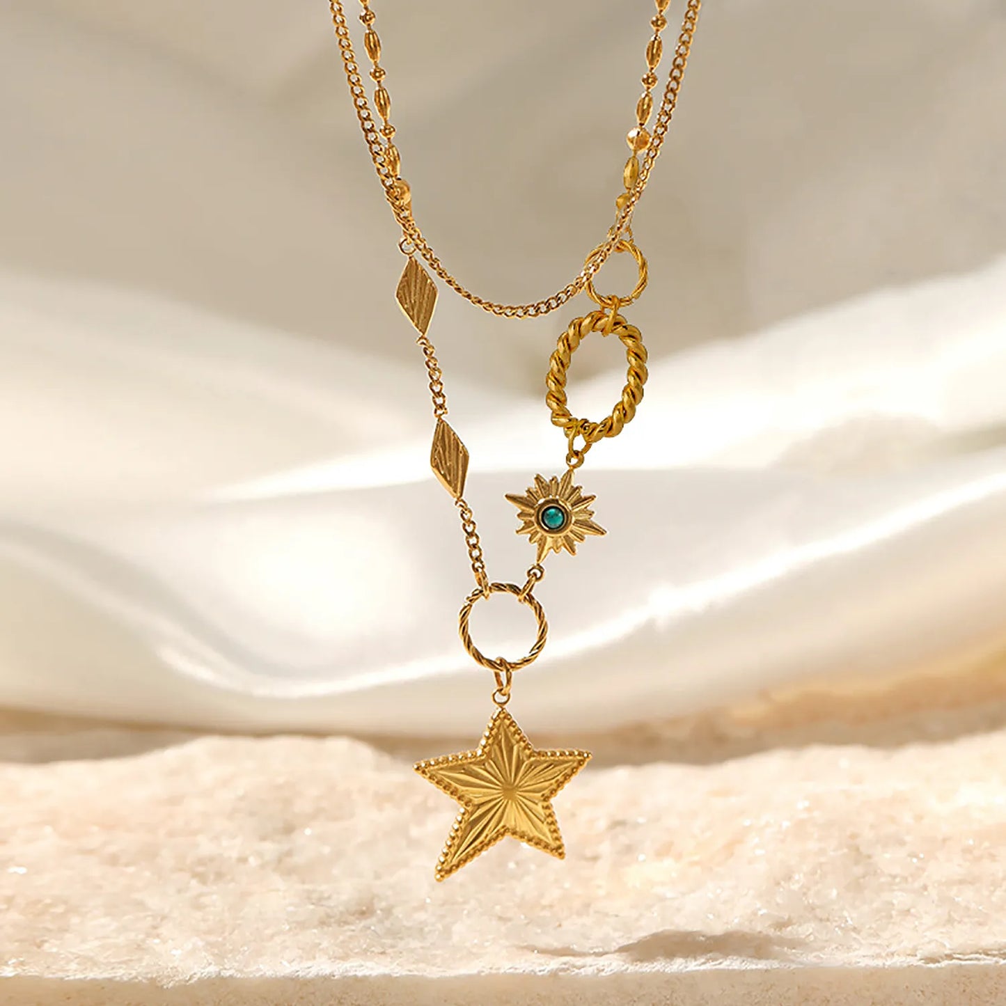 14K Gold 1.5mm Double-Sided Ground Chain 40cm + 1.5mm x 3.2mm Spacer Bead Chain 45cm + 4 x 11mm Rectangular Tag Fittings Star 18mm - Asonjewelry