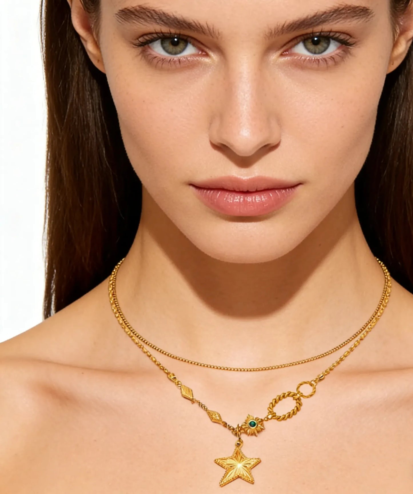 14K Gold 1.5mm Double-Sided Ground Chain 40cm + 1.5mm x 3.2mm Spacer Bead Chain 45cm + 4 x 11mm Rectangular Tag Fittings Star 18mm - Asonjewelry