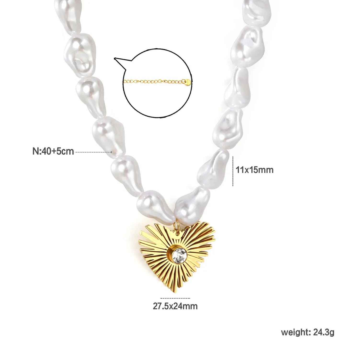 Gold Heart Diamond Inlaid Pendant Necklace 11*15mm Baroque Imitation Pearl 40+5cm Chain with 6mm Round End Tag 27.5*24mm Pendant asonjewelry