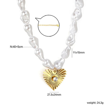 Gold Heart Diamond Inlaid Pendant Necklace 11*15mm Baroque Imitation Pearl 40+5cm Chain with 6mm Round End Tag 27.5*24mm Pendant asonjewelry