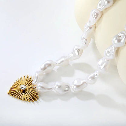 Gold Heart Diamond Inlaid Pendant Necklace 11*15mm Baroque Imitation Pearl 40+5cm Chain with 6mm Round End Tag 27.5*24mm Pendant asonjewelry