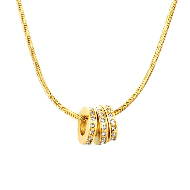 2*8.64mm hollow three-ring set with diamonds 1.2mm round snake chain 40+5+6mm round tail pendant necklace in gold asonjewelry