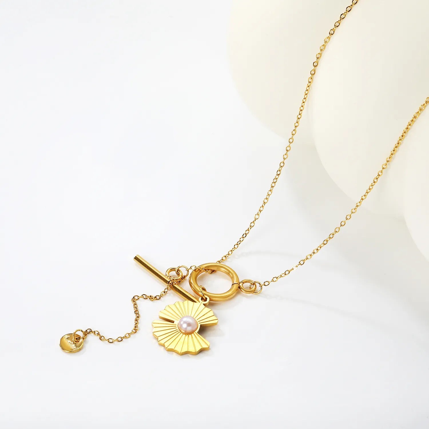 15.8*16mm irregular lotus petal-shaped pearl, 2mm cross chain, 40+5cm+6mm round tail label OT clasp necklace, gold color asonjewelry