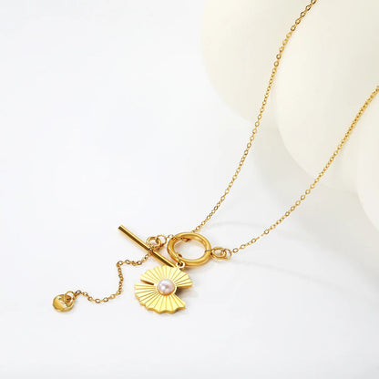 15.8*16mm irregular lotus petal-shaped pearl, 2mm cross chain, 40+5cm+6mm round tail label OT clasp necklace, gold color asonjewelry