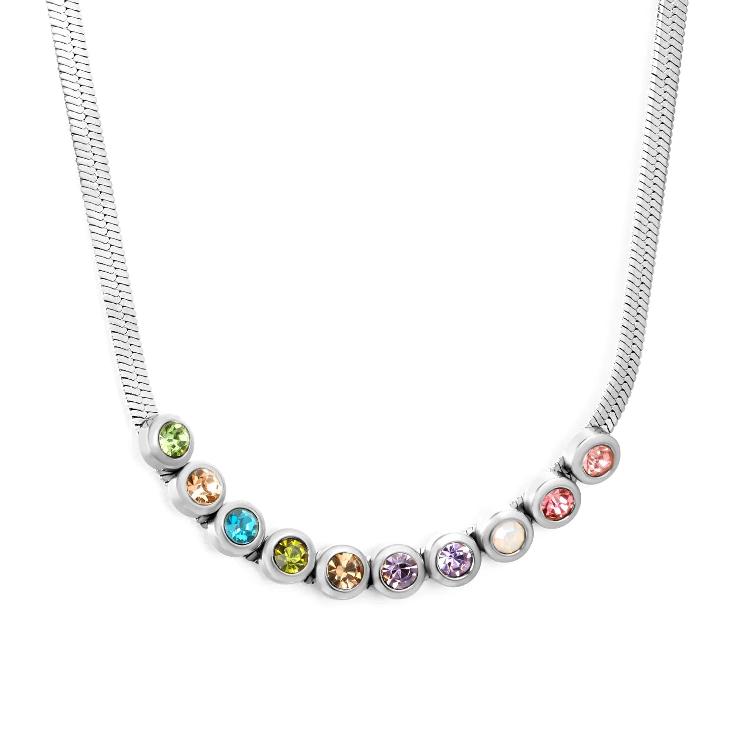 Mixed Color Imitation Czech Diamond Necklace 3mm Blade Chain 40+5cm with 6mm Round End Tag 5mm Round Setting Steel & Gold Color asonjewelry