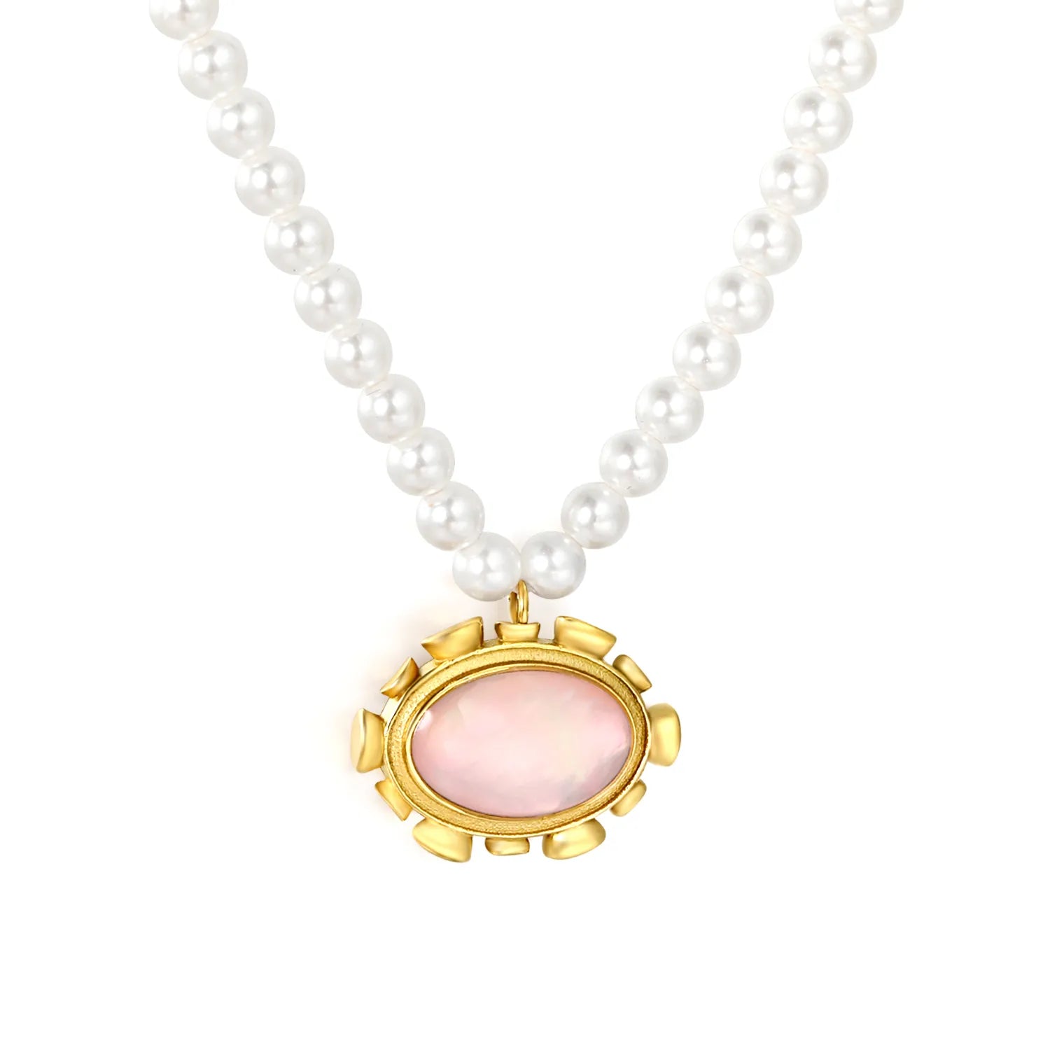 Gold Oval Pink Shell Pendant Pearl Necklace 4mm Pearls 40+5cm Chain with 6mm Round End Tag asonjewelry
