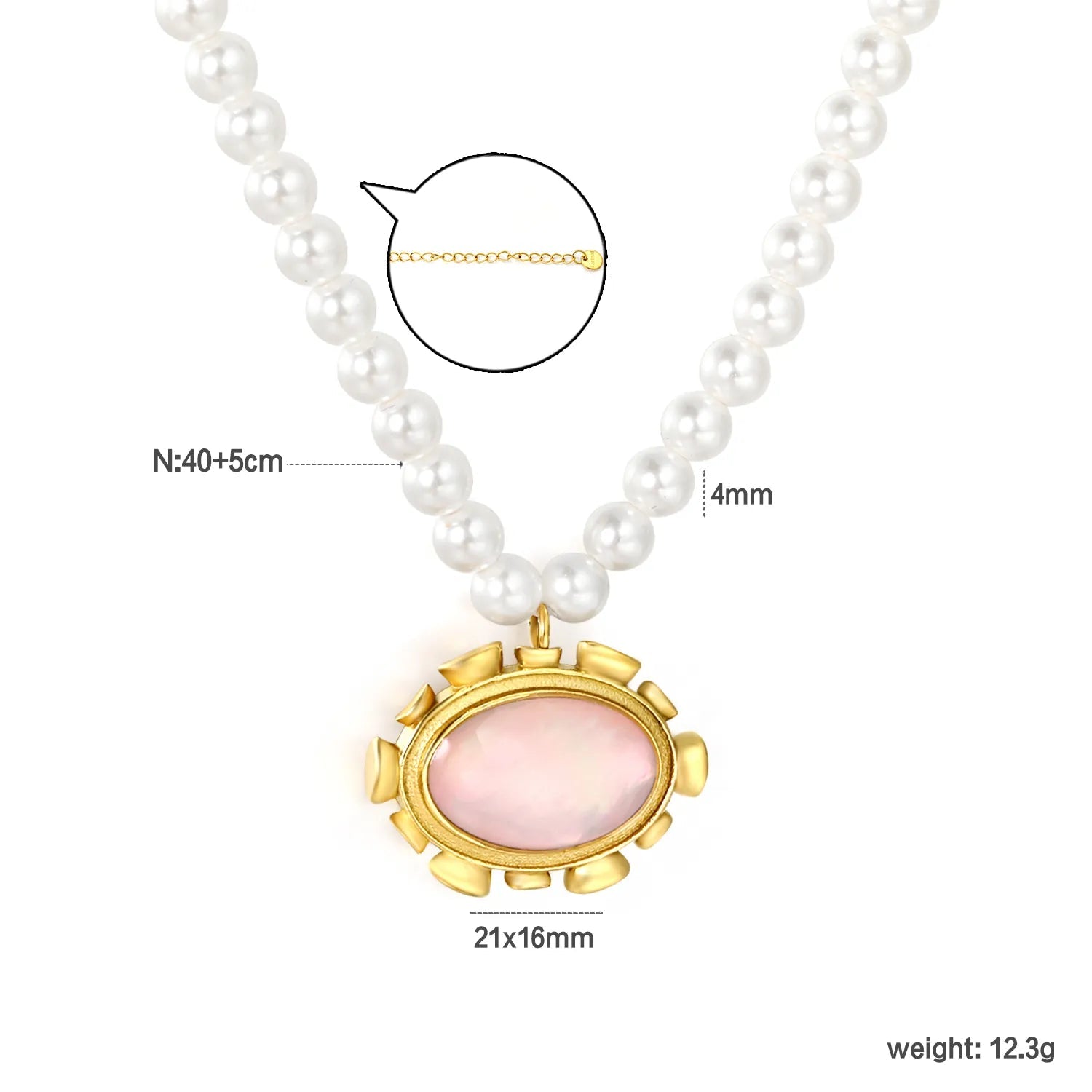 Gold Oval Pink Shell Pendant Pearl Necklace 4mm Pearls 40+5cm Chain with 6mm Round End Tag asonjewelry