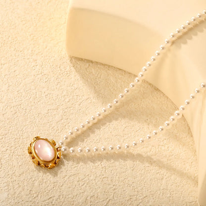 Gold Oval Pink Shell Pendant Pearl Necklace 4mm Pearls 40+5cm Chain with 6mm Round End Tag asonjewelry