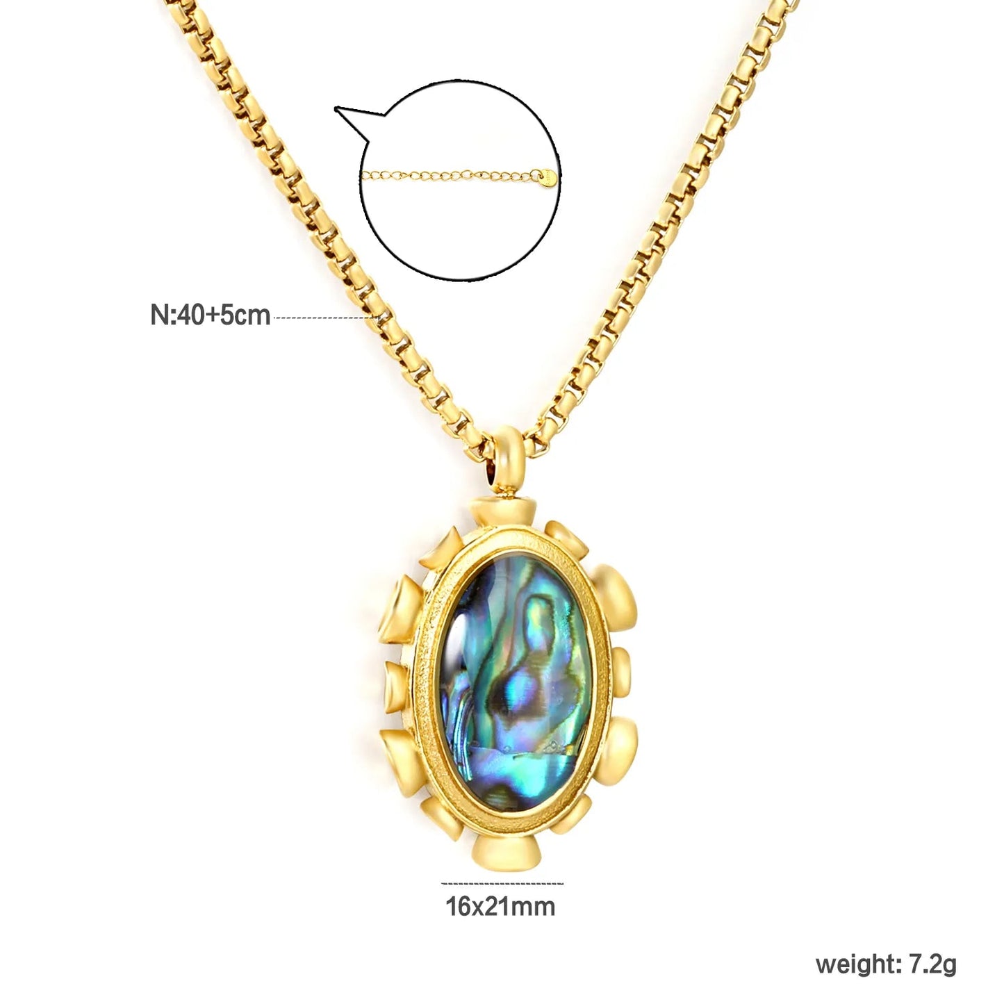 Gold Blue Oval Abalone Shell Pendant Necklace 1.8mm Square Pearl 40+5cm Chain with 6mm Round End Tag 16*21mm Pendant asonjewelry