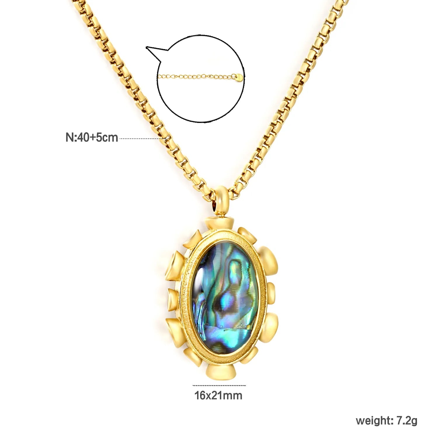 Gold Blue Oval Abalone Shell Pendant Necklace 1.8mm Square Pearl 40+5cm Chain with 6mm Round End Tag 16*21mm Pendant asonjewelry
