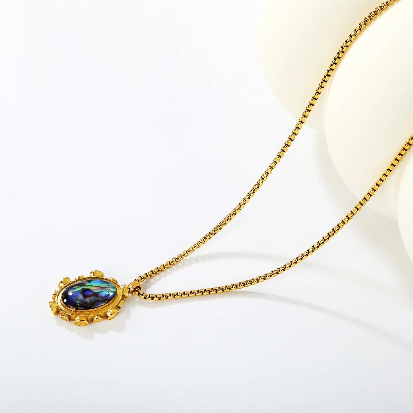 Gold Blue Oval Abalone Shell Pendant Necklace 1.8mm Square Pearl 40+5cm Chain with 6mm Round End Tag 16*21mm Pendant asonjewelry