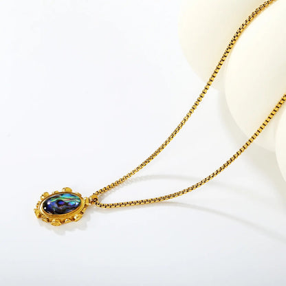 Gold Blue Oval Abalone Shell Pendant Necklace 1.8mm Square Pearl 40+5cm Chain with 6mm Round End Tag 16*21mm Pendant asonjewelry