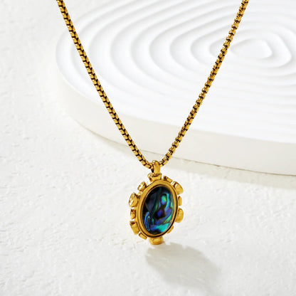 Gold Blue Oval Abalone Shell Pendant Necklace 1.8mm Square Pearl 40+5cm Chain with 6mm Round End Tag 16*21mm Pendant asonjewelry