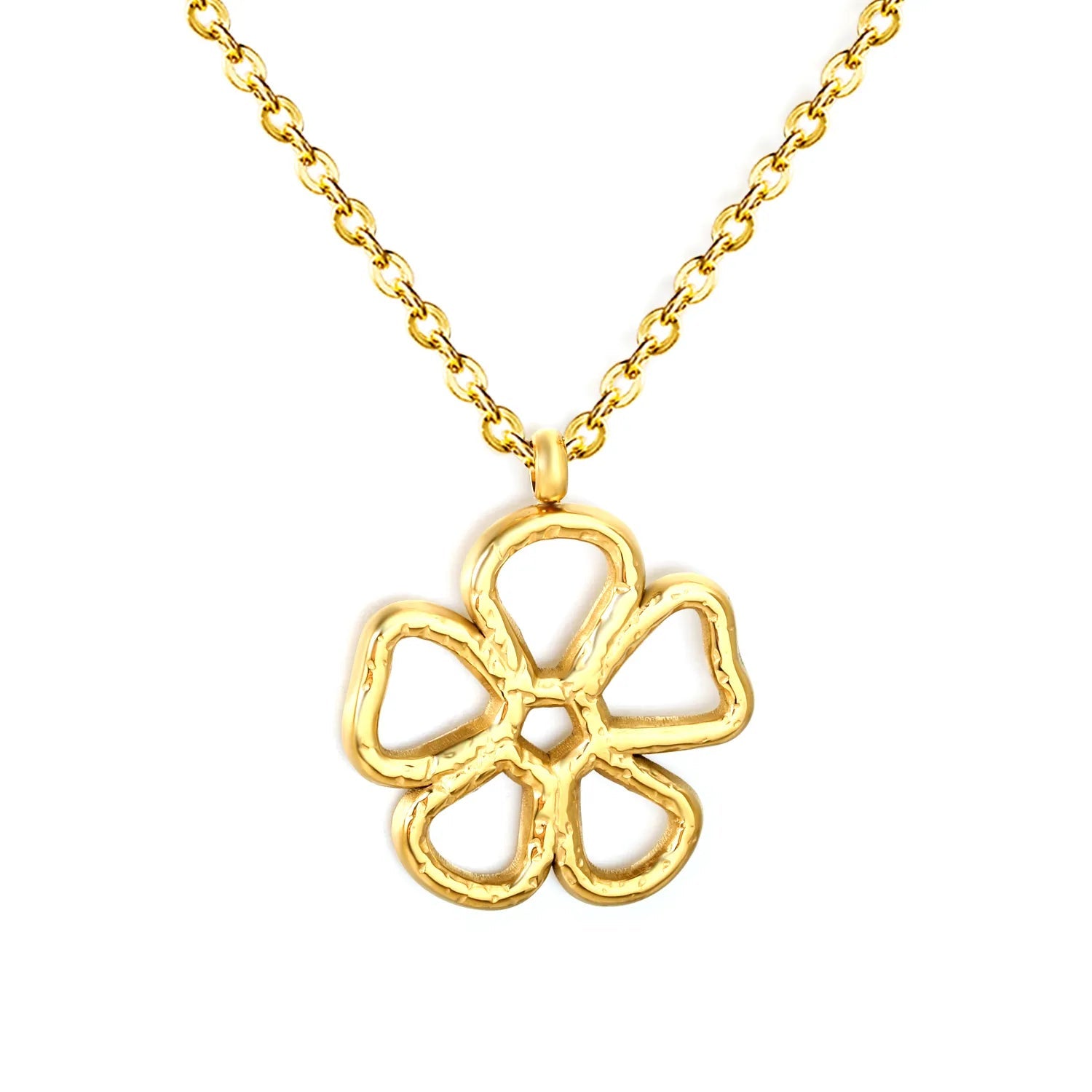 Gold Hollow Five-Petal Flower Pendant Necklace 0.7mm O Chain 45+5cm with 6mm Round End Tag 22mm Pendant asonjewelry