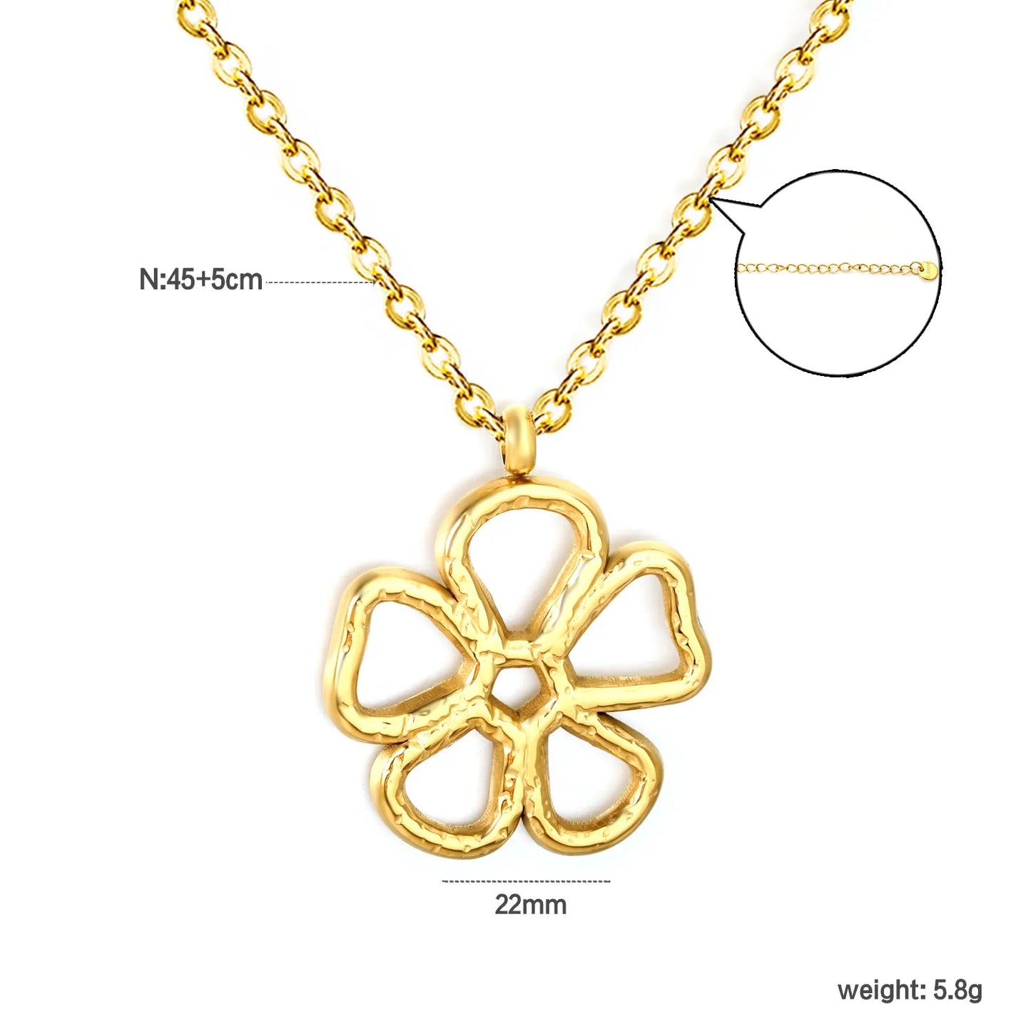 Gold Hollow Five-Petal Flower Pendant Necklace 0.7mm O Chain 45+5cm with 6mm Round End Tag 22mm Pendant asonjewelry