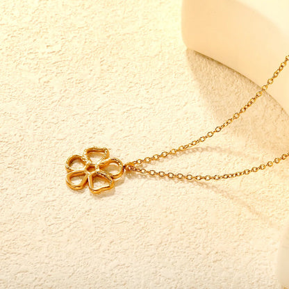Gold Hollow Five-Petal Flower Pendant Necklace 0.7mm O Chain 45+5cm with 6mm Round End Tag 22mm Pendant asonjewelry