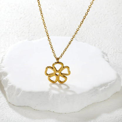 Gold Hollow Five-Petal Flower Pendant Necklace 0.7mm O Chain 45+5cm with 6mm Round End Tag 22mm Pendant asonjewelry