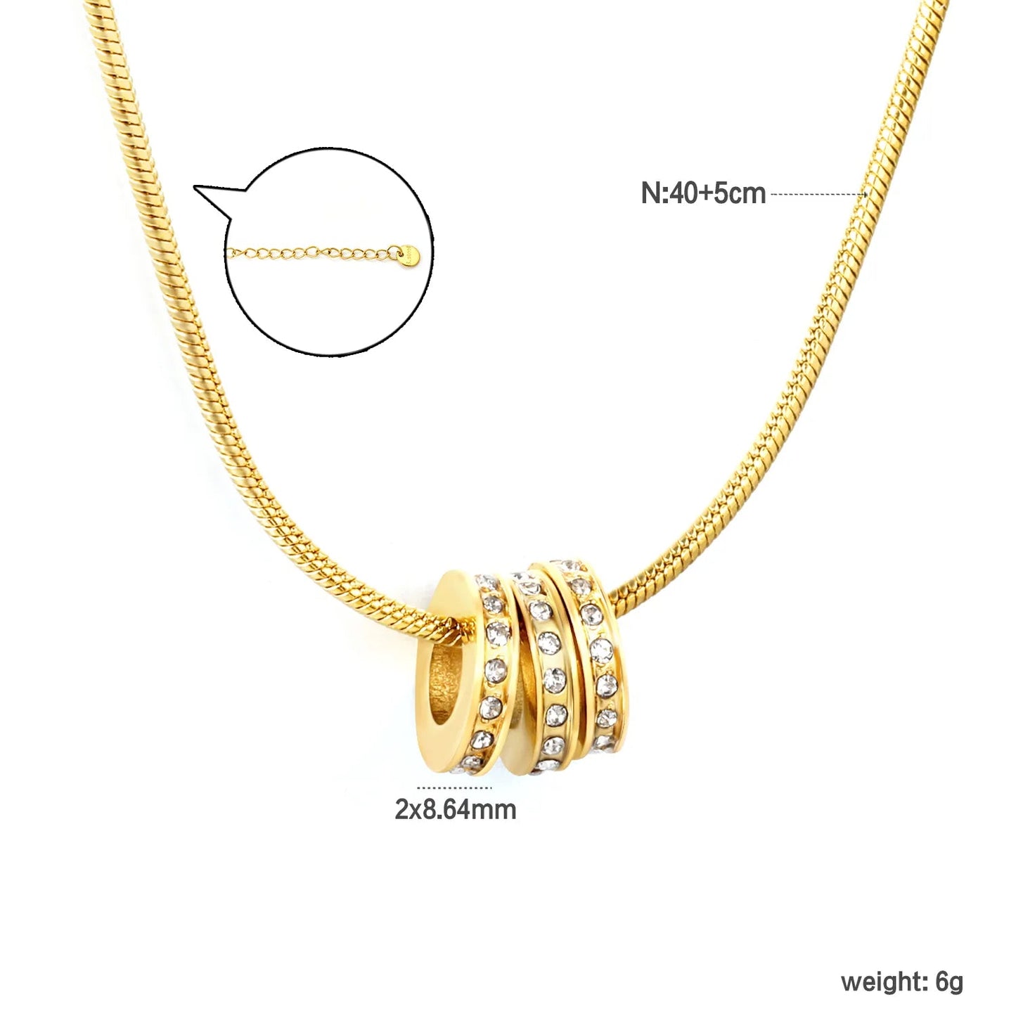 2*8.64mm hollow three-ring set with diamonds 1.2mm round snake chain 40+5+6mm round tail pendant necklace in gold asonjewelry