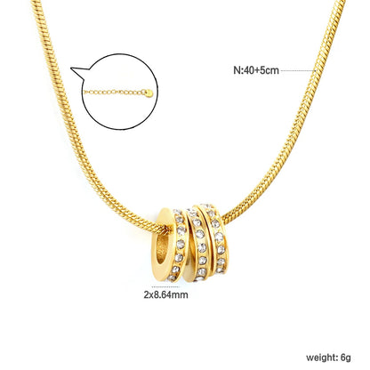 2*8.64mm hollow three-ring set with diamonds 1.2mm round snake chain 40+5+6mm round tail pendant necklace in gold asonjewelry