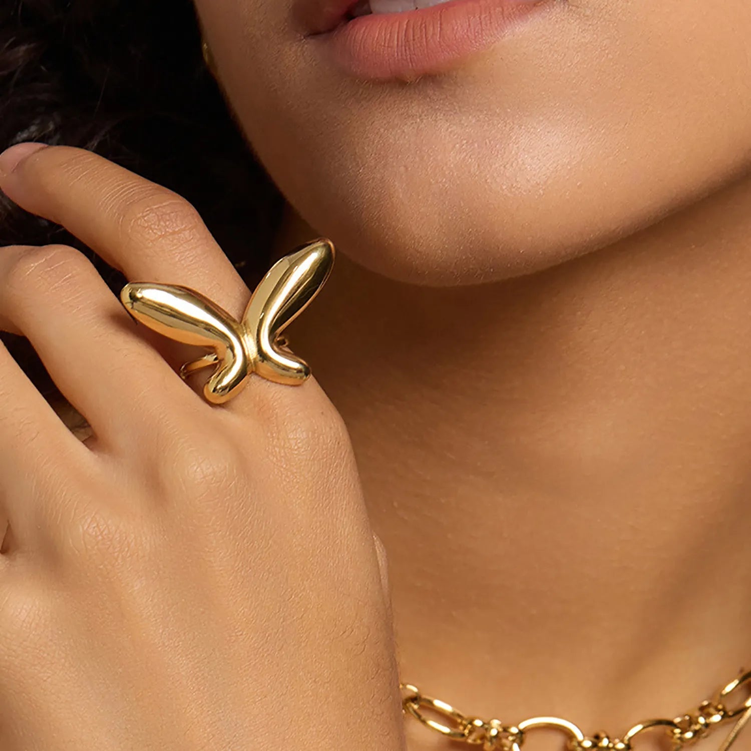 37*23mm Butterfly Adjustable Ring Steel Gray/Gold Size 7 asonjewelry