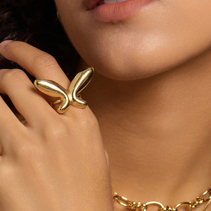 37*23mm Butterfly Adjustable Ring Steel Gray/Gold Size 7 asonjewelry