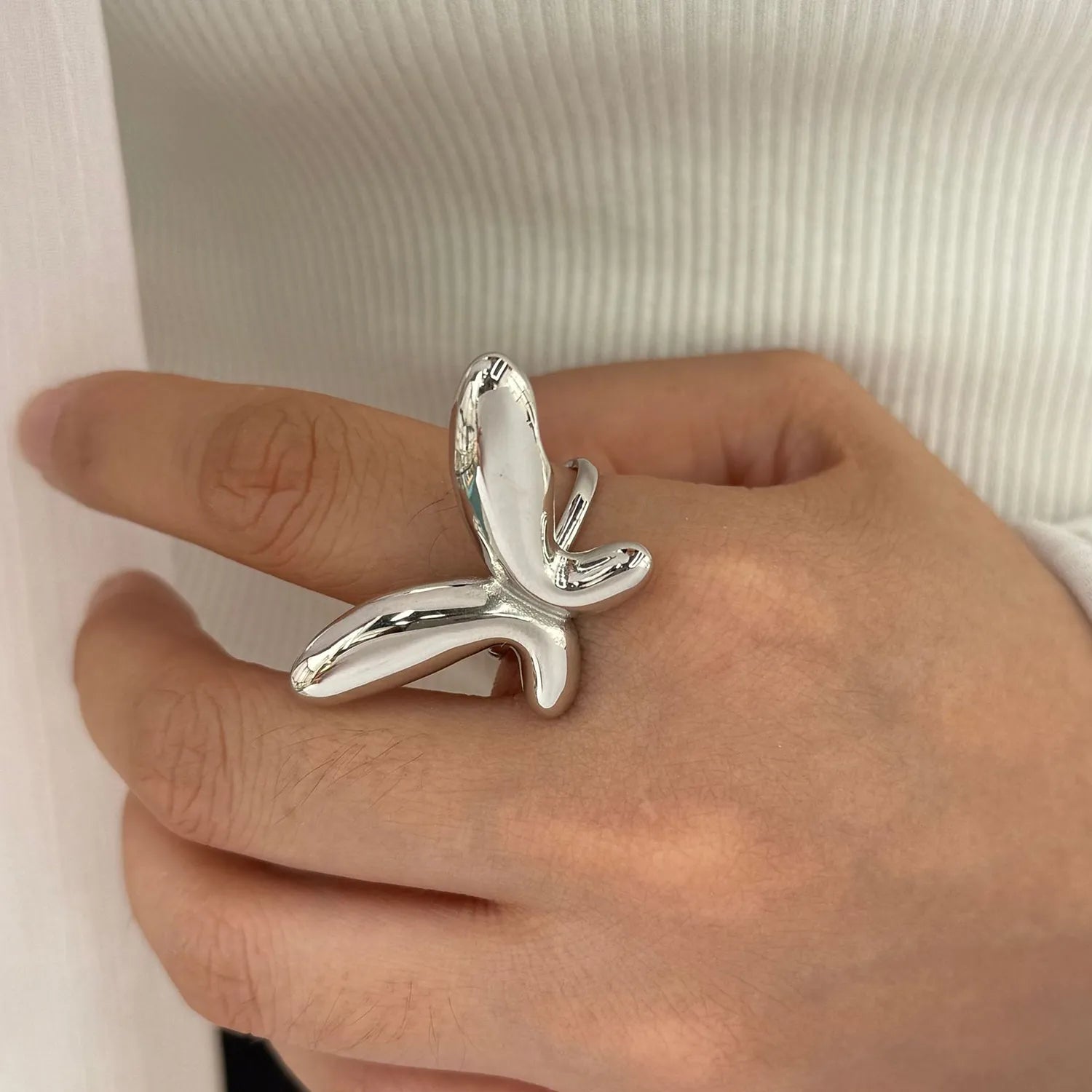 37*23mm Butterfly Adjustable Ring Steel Gray/Gold Size 7 asonjewelry