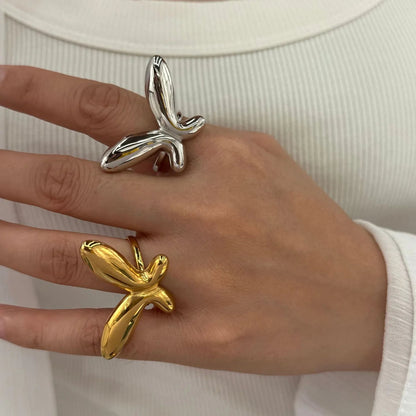 37*23mm Butterfly Adjustable Ring Steel Gray/Gold Size 7 asonjewelry