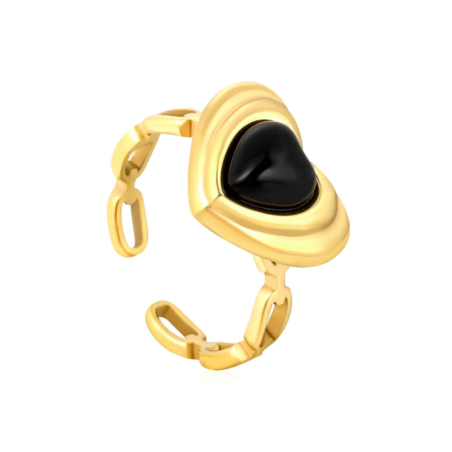 11.5 mm high heart-shaped black agate stud ring in gold, size 7# asonjewelry