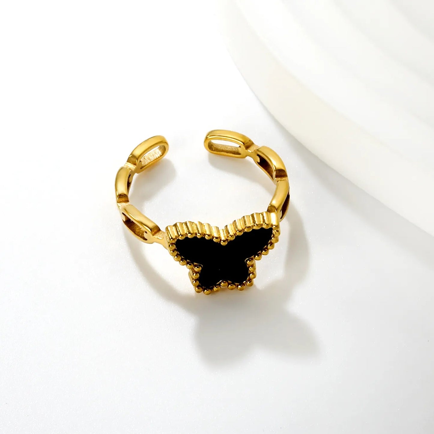 10.7mm high butterfly-shaped agate/crimson acrylic/white shell/black acrylic/pink shell open ring in gold #7 asonjewelry