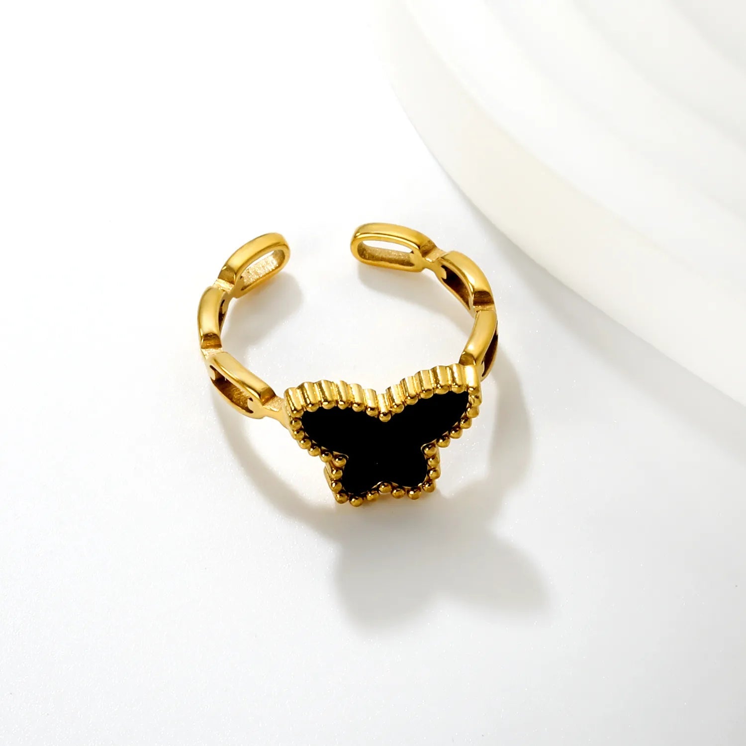 10.7mm high butterfly-shaped agate/crimson acrylic/white shell/black acrylic/pink shell open ring in gold #7 asonjewelry