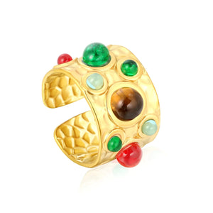 14mm high, mixed color stone / emerald transparent stone / ruby red stone, open ring, gold asonjewelry