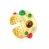 14mm high, mixed color stone / emerald transparent stone / ruby red stone, open ring, gold asonjewelry