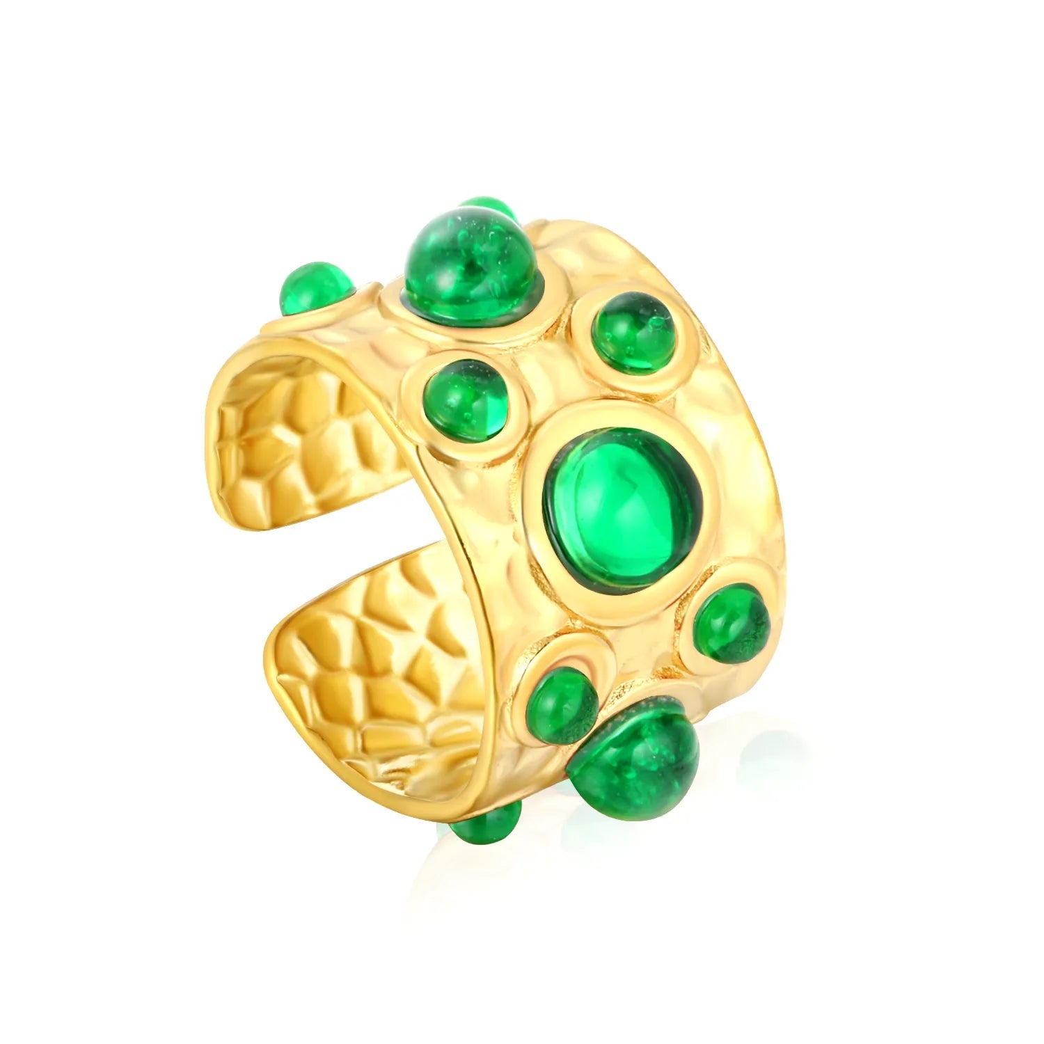 14mm high, mixed color stone / emerald transparent stone / ruby red stone, open ring, gold asonjewelry