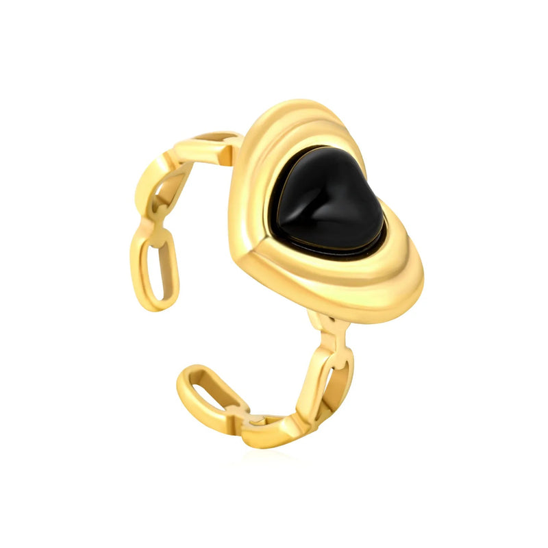 11.5 mm high heart-shaped black agate stud ring in gold, size 7#