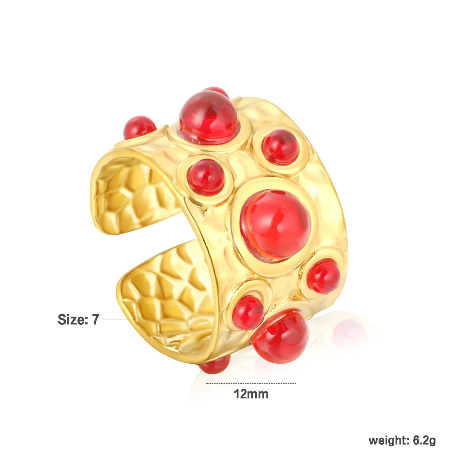 14mm high, mixed color stone / emerald transparent stone / ruby red stone, open ring, gold asonjewelry