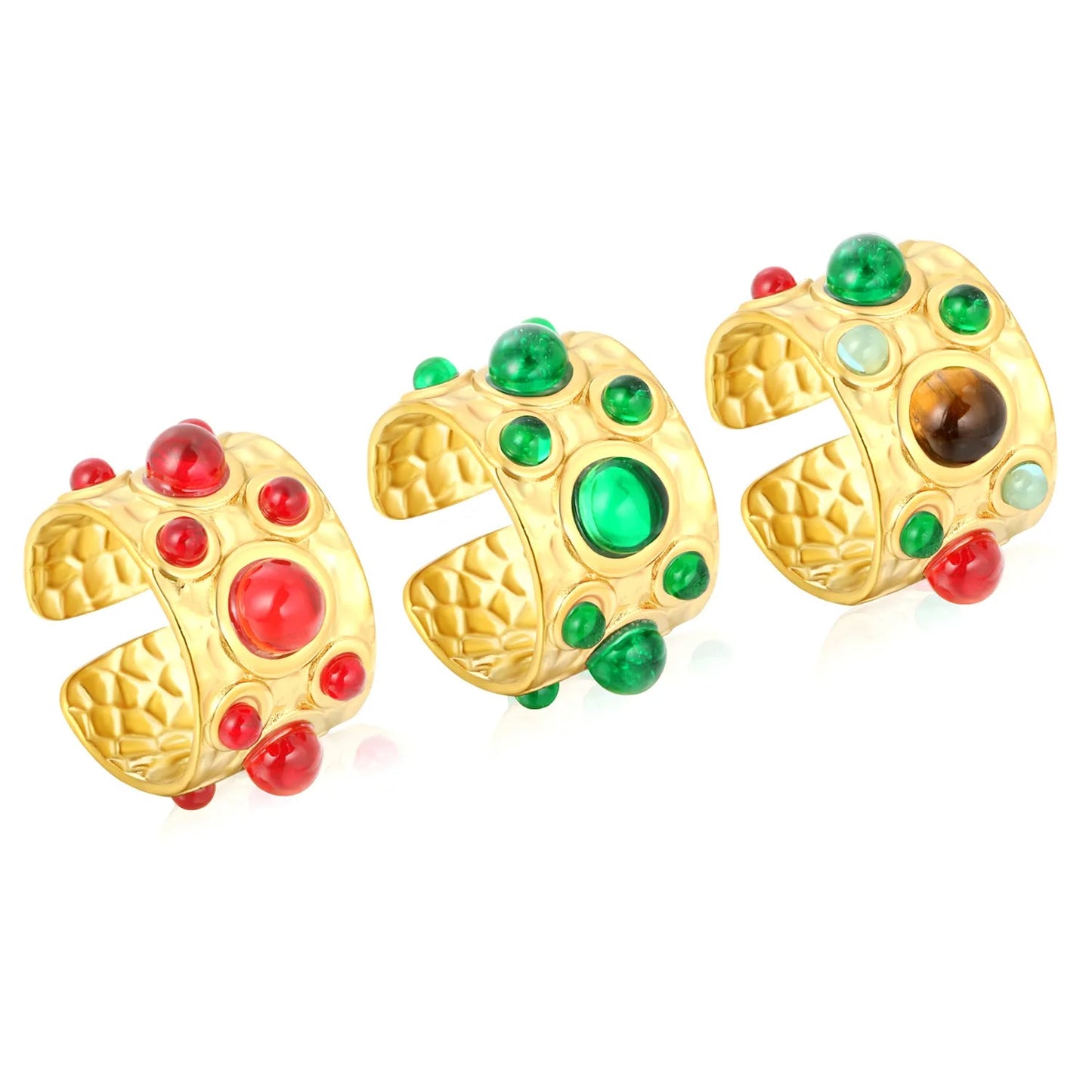 14mm high, mixed color stone / emerald transparent stone / ruby red stone, open ring, gold asonjewelry