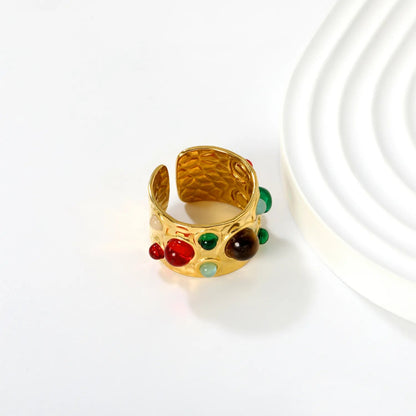 14mm high, mixed color stone / emerald transparent stone / ruby red stone, open ring, gold asonjewelry