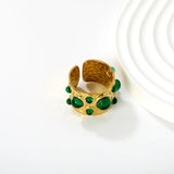 14mm high, mixed color stone / emerald transparent stone / ruby red stone, open ring, gold asonjewelry