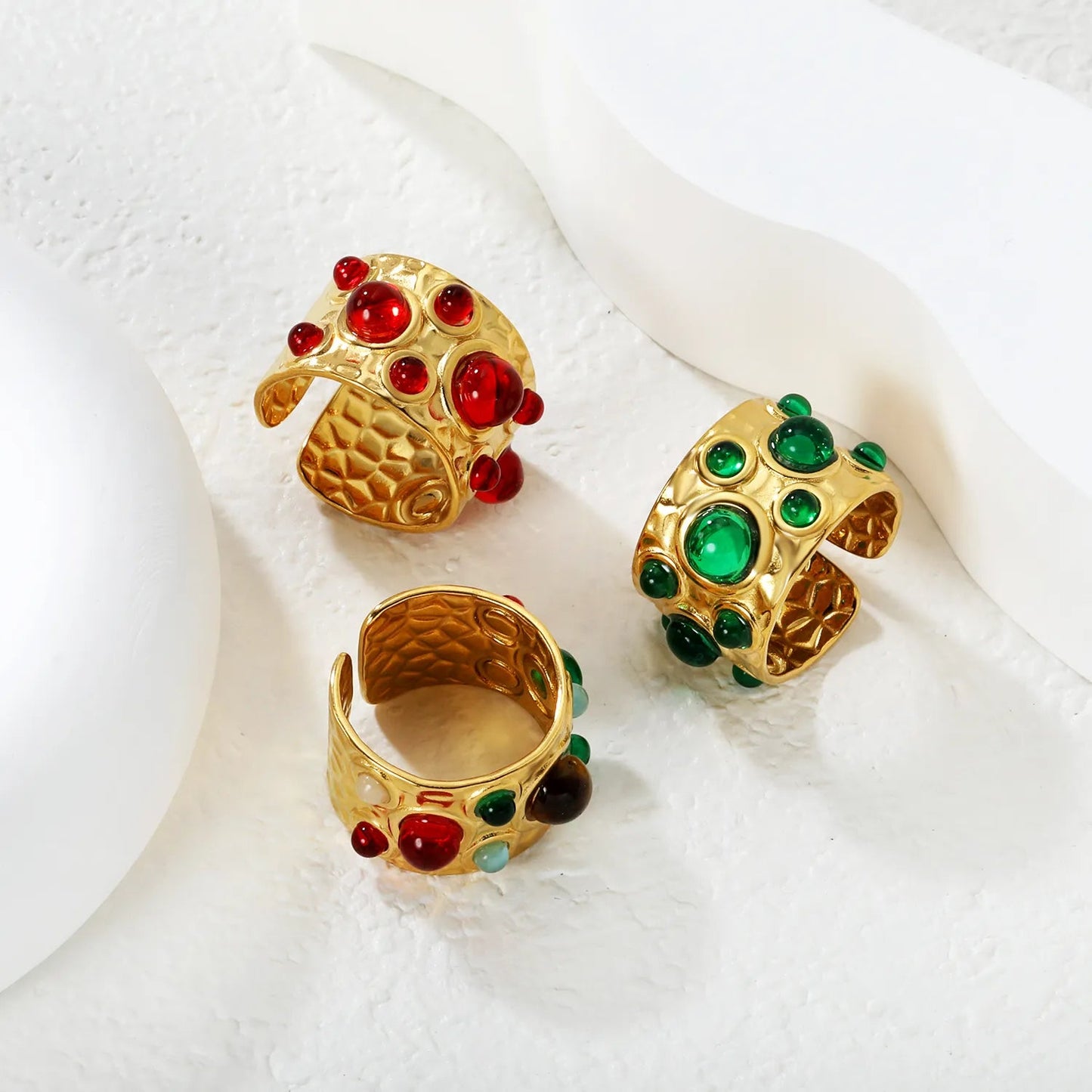14mm high, mixed color stone / emerald transparent stone / ruby red stone, open ring, gold asonjewelry