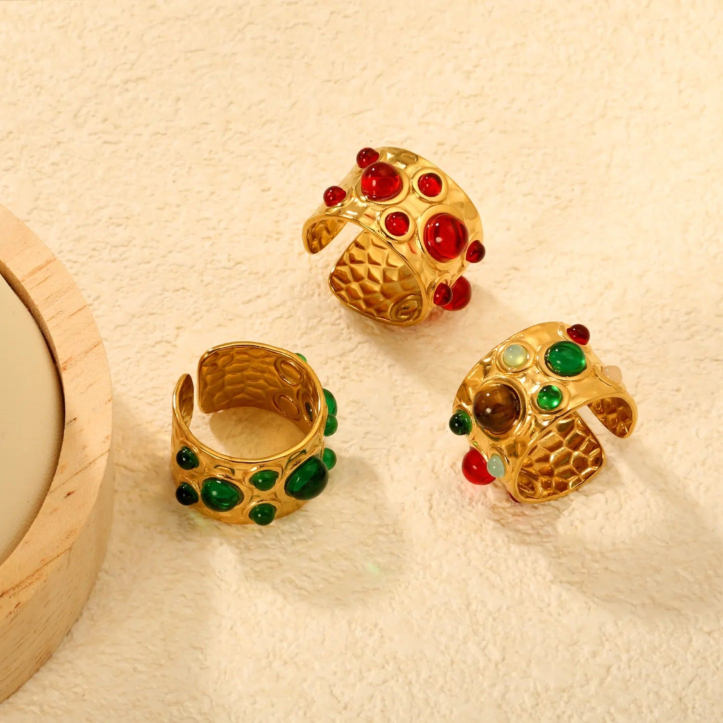 14mm high, mixed color stone / emerald transparent stone / ruby red stone, open ring, gold asonjewelry