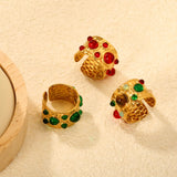 14mm high, mixed color stone / emerald transparent stone / ruby red stone, open ring, gold asonjewelry