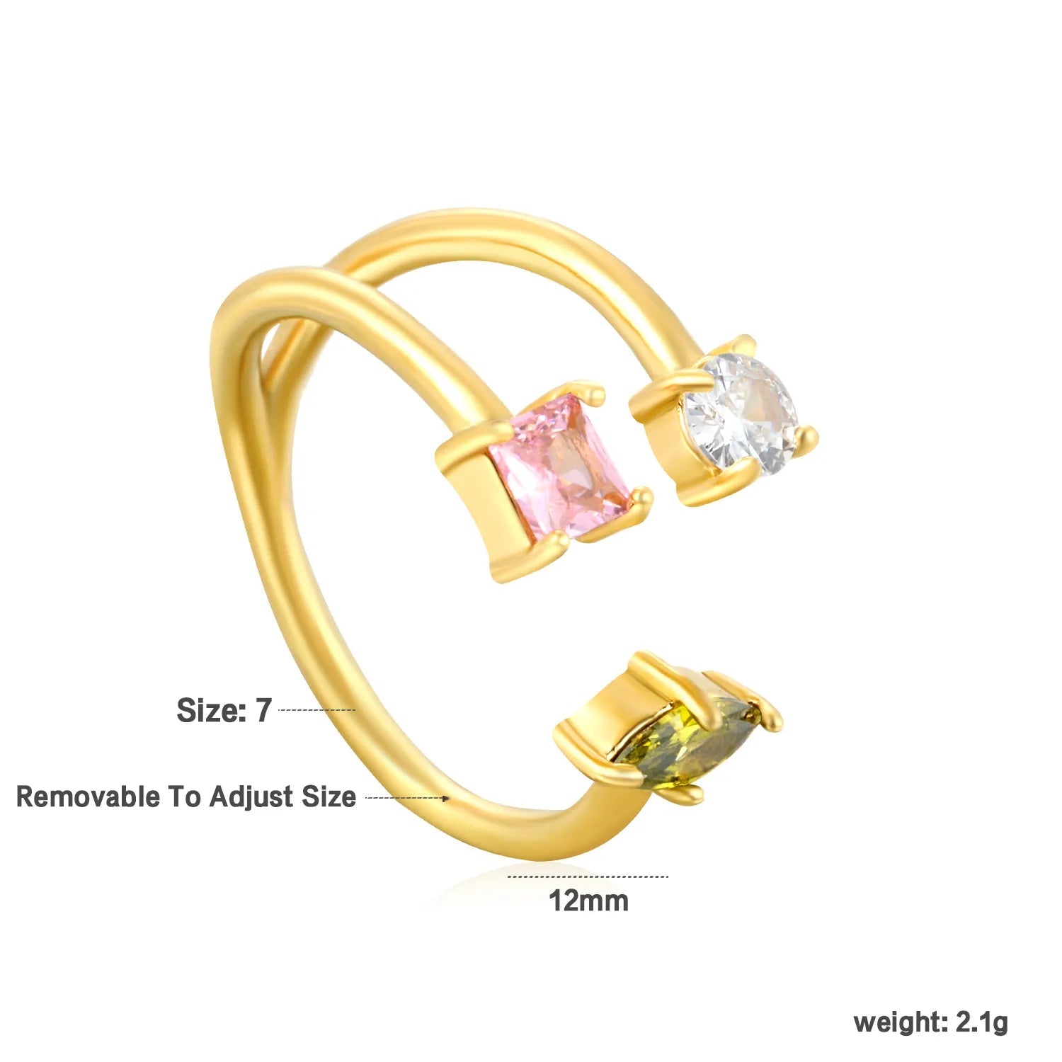 12.5mm high irregular three-color diamond open ring in gold #7 asonjewelry